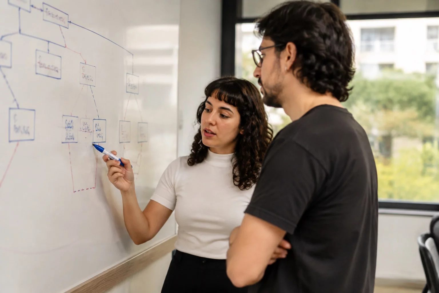 Duas pessoas diante de um quadro branco com um mapa de argumento desenhado à mão