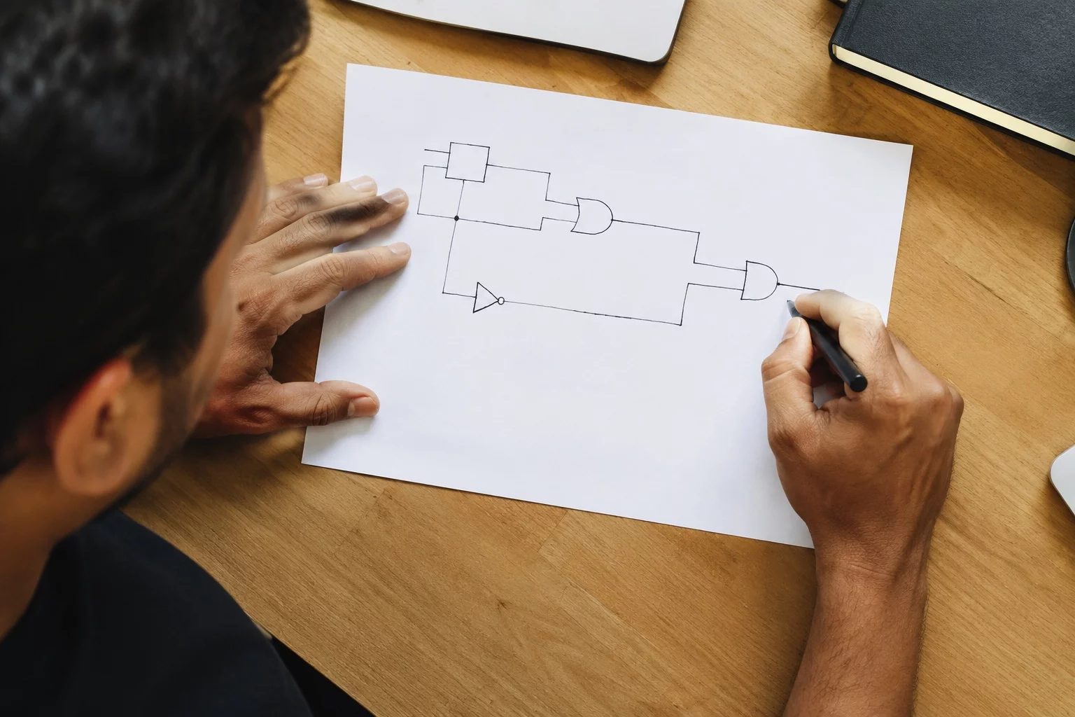 Vista de cima de uma mesa com um diagrama de lógica desenhado à mão