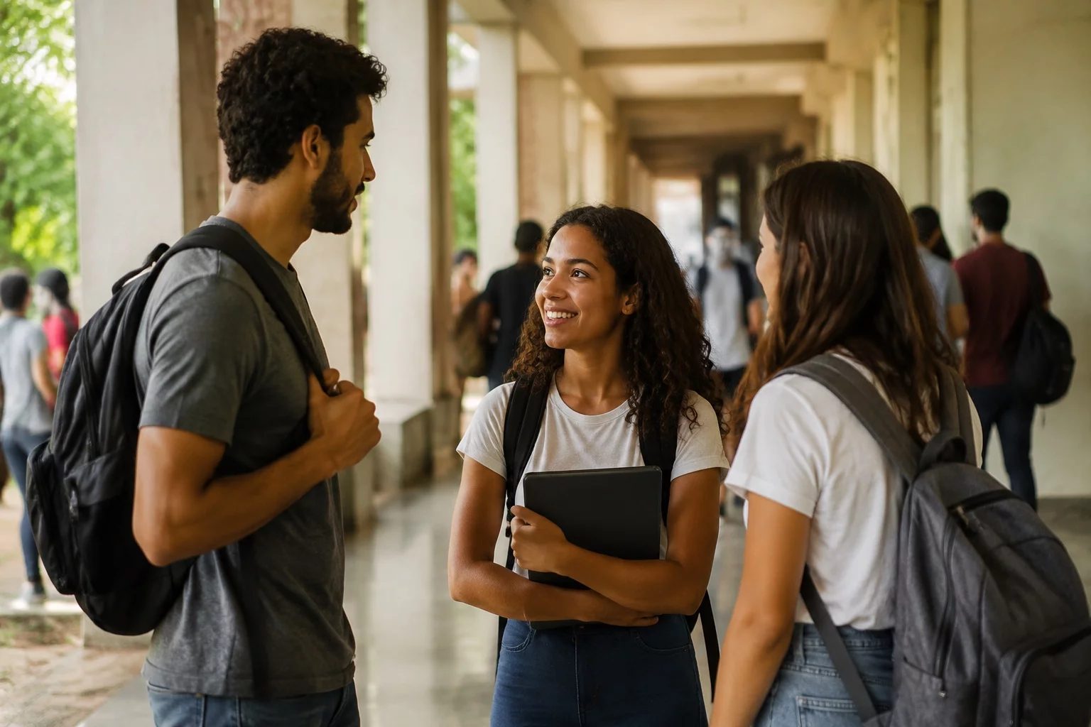 Estudantes com mochilas conversando no corredor de uma universidade