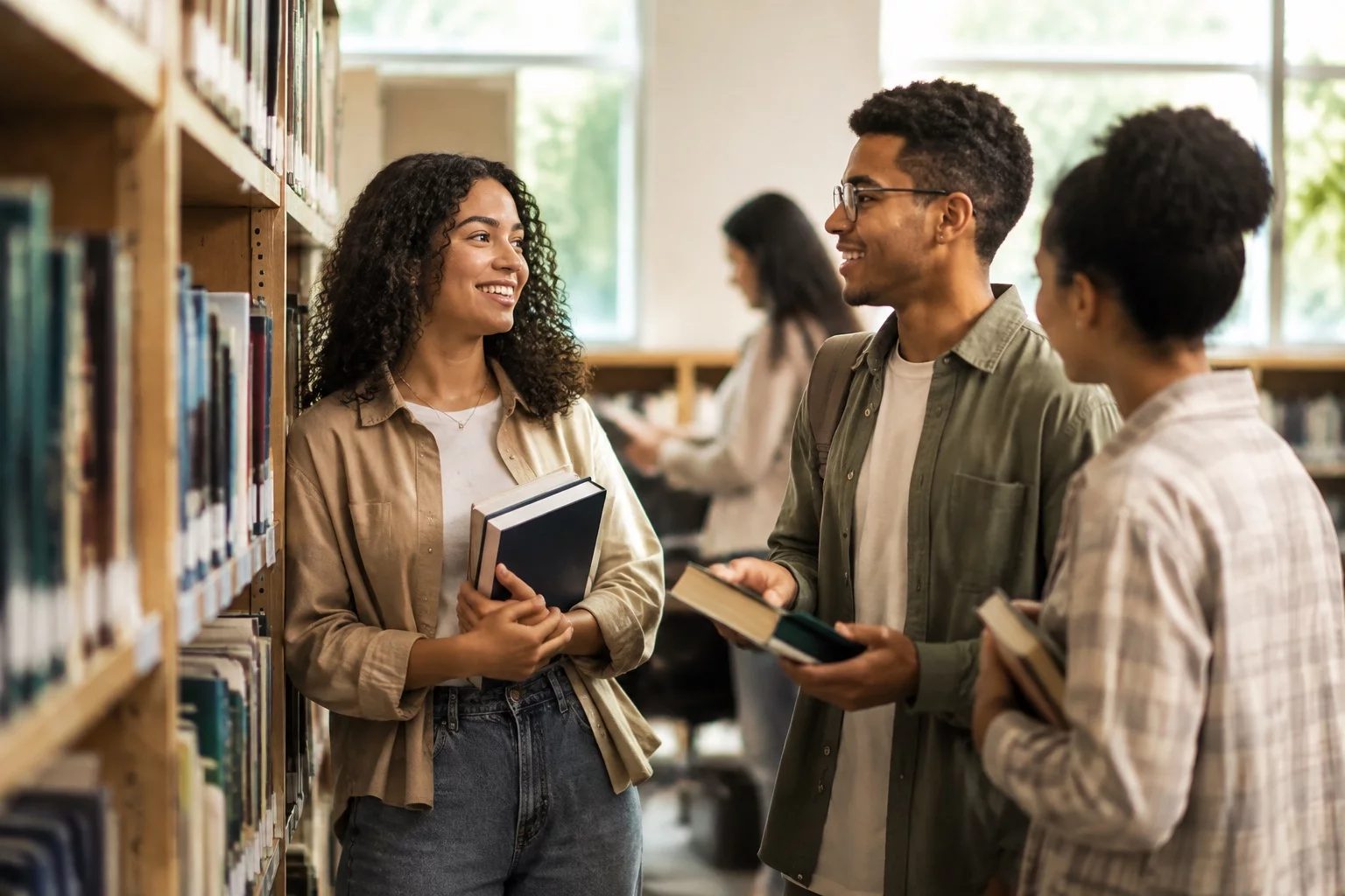 Estudantes conversando em pé entre as estantes de uma biblioteca