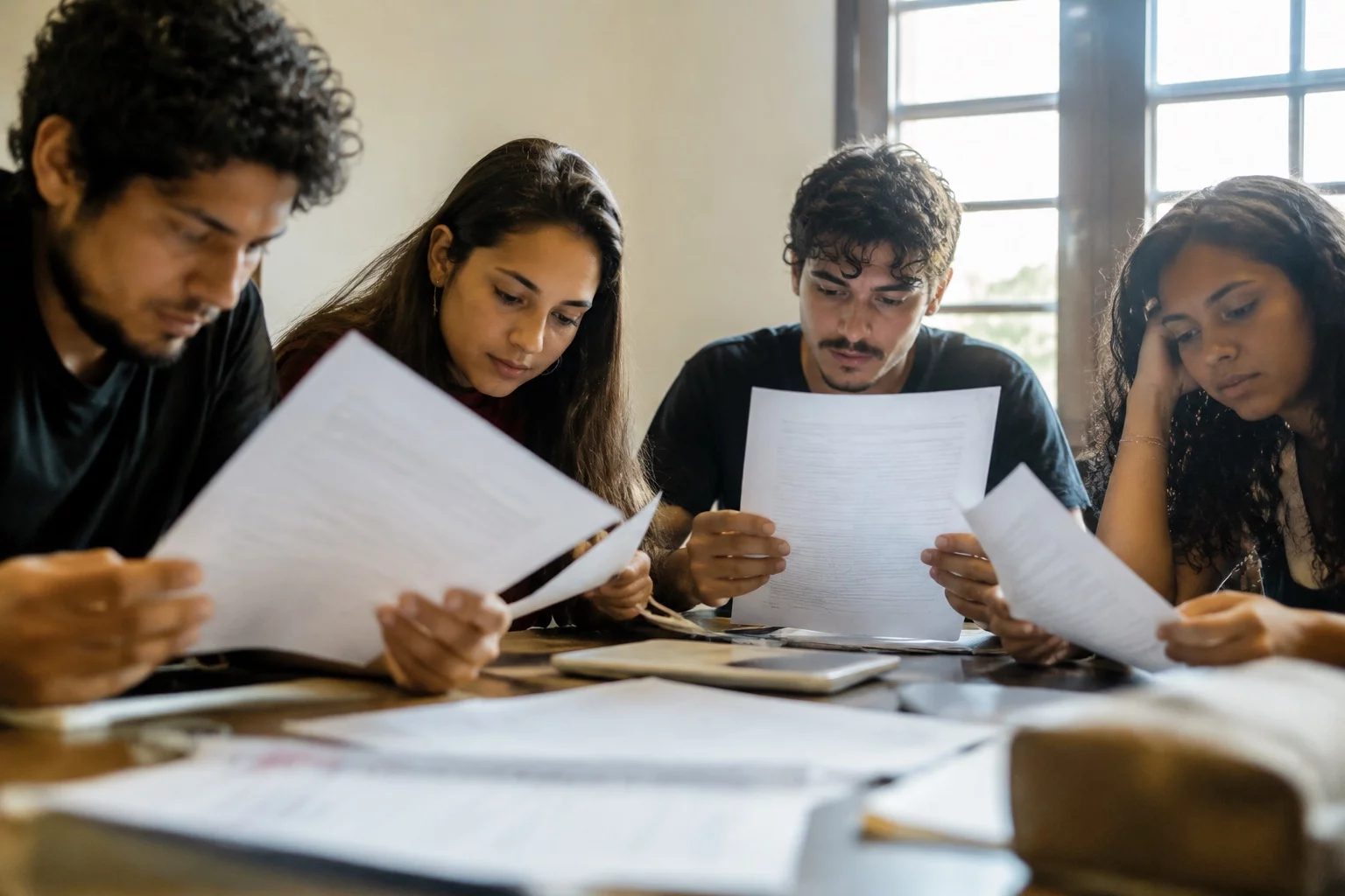 Grupo pequeno lendo páginas impressas de argumentos ao redor de uma mesa