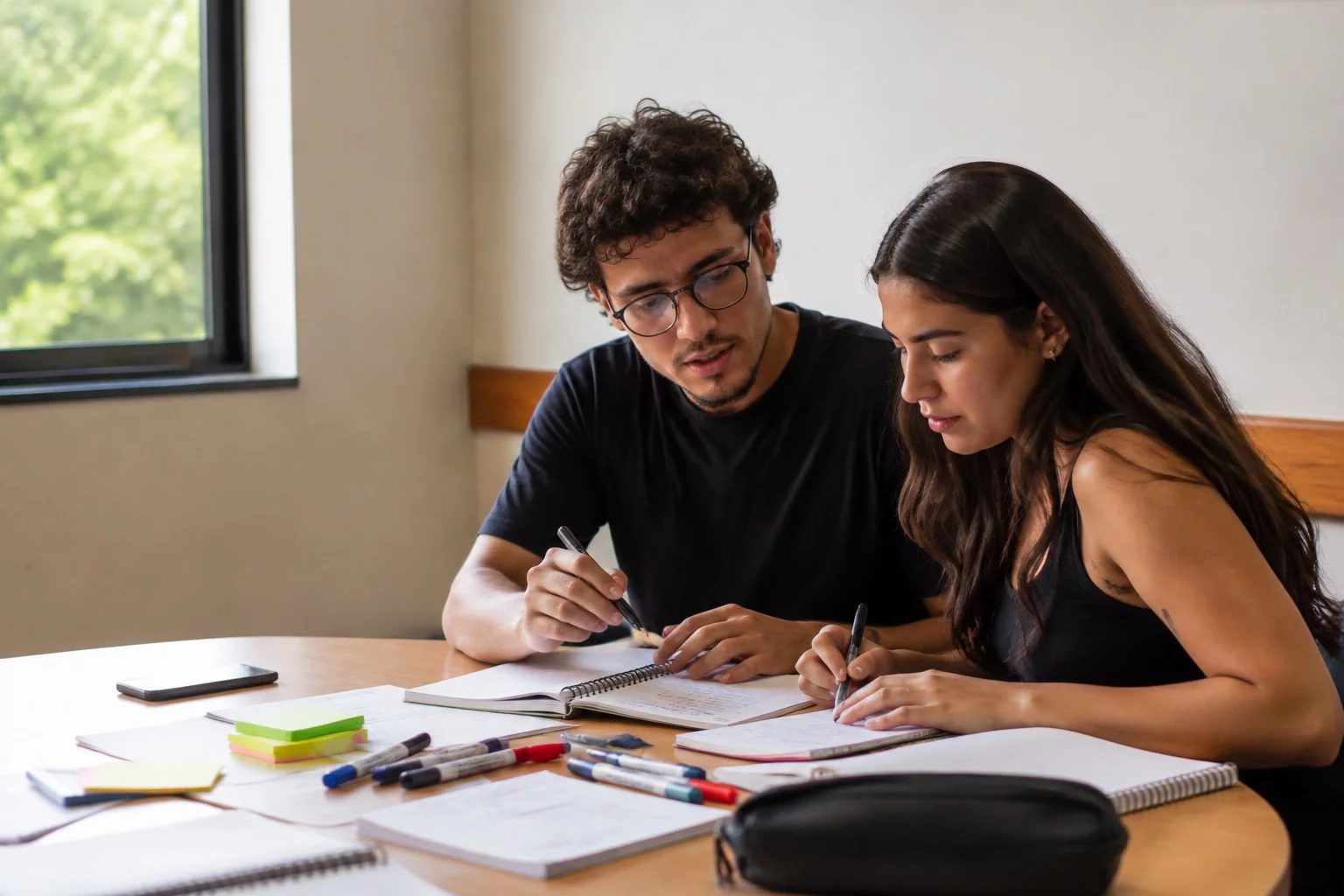 Dois estudantes preparando um debate com cadernos e marcadores