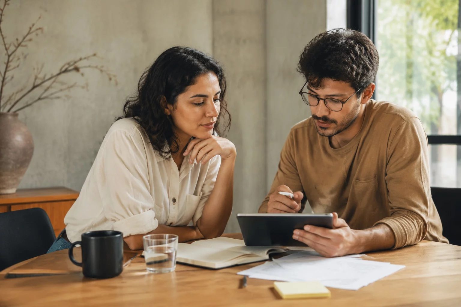 Duas pessoas revisando anotações em um tablet sobre uma mesa de madeira