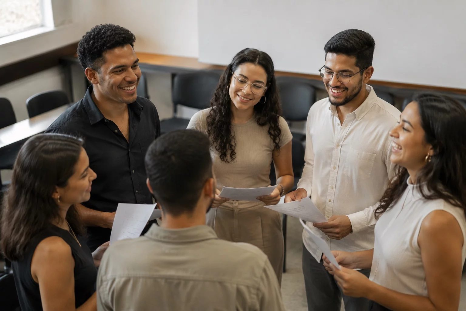 Grupo sorrindo após uma rodada de debate, com papéis nas mãos